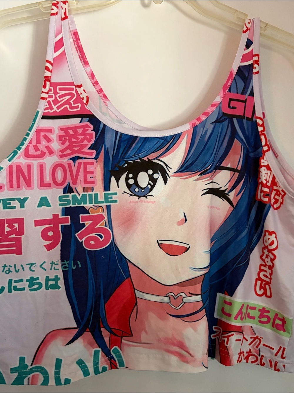 Pink, Blue & White Anime-Print Cropped Tank Top